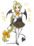  ahoge alternate_costume bat_wings blazblue blonde_hair demon_tail demon_wings lambda-11 long_hair mugetsu_kiryu red_eyes tail translated wings 