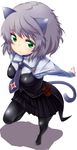  animal_ears cat_ears cat_tail full_body green_eyes necktie pantyhose pouch sanya_v_litvyak short_hair silver_hair skirt solo standing standing_on_one_leg strike_witches tail world_witches_series zizi_(zz22) 