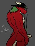  anthro back back_turned bgn biceps butt chinese_dragon dragon green_eyes green_hair hair hat horn humanoid_penis looking_at_viewer looking_back male muscles nude pecs penis quazy red_dragon scalie smile solo standing whiskers 