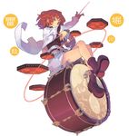  boots drum drumsticks full_body horikawa_raiko instrument looking_at_viewer morino_hon music necktie playing_instrument red_eyes red_hair short_hair simple_background skirt smile solo touhou white_background 