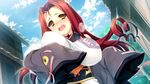  1girl blush bouncing_breasts breasts cloud clouds game_cg highres huge_breasts japanese_clothes long_hair looking_at_viewer open_mouth red_hair running sengoku_koihime:_otome_kenran_sengoku_emaki sky sweat tree trees yellow_eyes 