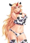  &gt;:( animal_ears animal_print bell bell_collar blonde_hair blush breasts collar covering covering_breasts cow_bell cow_ears cow_print fang fang_out frown highres horn hoshiguma_yuugi katwu_(gensou_ninja_yashiki) large_breasts long_hair navel panties red_eyes solo thighhighs touhou underwear v-shaped_eyebrows very_long_hair 