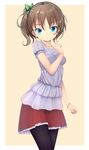  :&lt; blue_eyes bow bracelet brown_hair finger_to_chin hair_bow highres jewelry original pantyhose short_hair side_ponytail skirt solo standing zizi_(zz22) 