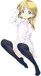  blonde_hair blue_eyes bow dress_shirt hair_bow half_updo long_hair no_pants original panties shirt sitting solo thighhighs underwear zizi_(zz22) 