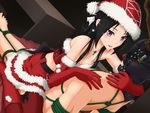  1girl antlers arm_around_neck bdsm black_hair blindfold bondage boots bound christmas commentary elbow_gloves femdom girl_on_top gloves hat long_hair long_legs mask midriff nm_(tshell2761) original purple_eyes red_gloves red_nose saliva saliva_trail santa_costume santa_hat straddling thighhighs 