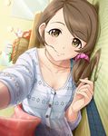 artist_request brown_eyes brown_hair bunny bunny_puppet hair_ornament hair_scrunchie idolmaster idolmaster_cinderella_girls jewelry long_hair low_ponytail lying mirror mochida_arisa nail_polish necklace official_art scrunchie smile solo 