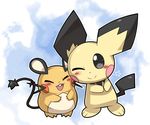  3_toes ambiguous_gender black_eyes blush dedenne duo eyes_closed feral fur looking_at_viewer mammal mouse nanikoulei nintendo one_eye_closed open_mouth pichu plain_background pok&#233;mon pok&eacute;mon rodent smile star video_games yellow_fur yellow_skin 