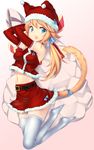  belt blonde_hair blue_eyes blush breasts buckle cat_tail christmas crop_top crop_top_overhang elbow_gloves fangs gloves gradient gradient_background hair_ribbon hat highres long_hair low_twintails medium_breasts midriff navel open_mouth original red_gloves ribbon santa_costume santa_hat simple_background skirt solo tail thighhighs twintails white_legwear zizi_(zz22) 