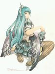  blue_hair femme_fatale long_hair looking_back low_wings no_shoes seisen_cerberus solo t.matsui thighhighs wings 