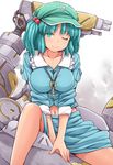  aqua_eyes aqua_hair backpack bag breasts hair_bobbles hair_ornament hasu_(hk_works) hat kawashiro_nitori key large_breasts looking_at_viewer midriff navel one_eye_closed short_hair sitting sleeves_rolled_up smile solo touhou two_side_up 