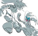 bad_id bad_tumblr_id call_(mighty_no._9) call_d call_f cunt_punt dark_persona dual_persona granfaloon kicking long_hair mighty_no._9 monochrome multiple_girls pain ponytail red_eyes robot robot_joints spot_color twintails vomit 