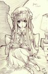  bed bow character_name commentary_request crescent crescent_hair_ornament dated hair_ornament hair_ribbon hat i-la lamp legs_folded light line_shading long_hair looking_at_viewer mary_janes monochrome nightstand on_bed pajamas patchouli_knowledge pillow reading ribbon shadow shoe_bow shoes sidelocks sitting solo star touhou traditional_media translated very_long_hair yokozuwari 