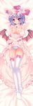  absurdres bat_wings bed bed_sheet blush breasts dakimakura dress dress_lift dress_pull elbow_gloves from_above full_body garter_straps gloves hat highres lavender_hair legs lifted_by_self looking_at_viewer lying natsumiya_yuzu nipples on_back on_bed on_stomach panties pink_eyes remilia_scarlet small_breasts solo thighhighs touhou underwear white_legwear white_panties wings 