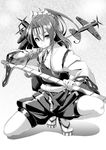  a6m_zero aircraft airplane arrow bad_id bad_pixiv_id blush bow_(weapon) flat_chest greyscale hachimaki hair_ribbon headband high_ponytail japanese_clothes kantai_collection long_hair long_sleeves monochrome muneate ponytail propeller ribbon sandals shorts solo squatting tsutsumi_(low-tension) weapon wide_sleeves zuihou_(kantai_collection) 