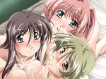  1boy 3girls binetsu_kyoushi_cherry blush breasts brown_hair cum earrings facial game_cg green_hair group_sex hise_chirei jewelry kanai_mamiko large_breasts multiple_girls pov sweat uncensored wet yamane_masahiro zyx 