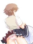  ass back blush brown_hair closed_eyes dress_shirt electric_fan fanning_crotch from_behind miniskirt open_mouth original panties pleated_skirt school_uniform shirt short_hair skirt skirt_lift solo standing sweater_vest tessai trefoil underwear white_background white_panties white_shirt 