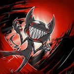  ambiguous_gender blood cat daemon demon feline fur grey_fur grey_skin katsuke mammal plain_background red_background solo teeth white_eyes 