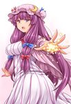  blush bow breasts crescent hasu_(hk_works) hat large_breasts long_hair looking_at_viewer open_mouth patchouli_knowledge purple_eyes purple_hair solo touhou 