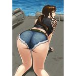  1girl all_fours ass azasuke back bare_shoulders black_lagoon brown_eyes brown_hair fingerless_gloves from_behind gloves legs long_hair looking_back ocean open_mouth ponytail preview revy revy_(black_lagoon) short_shorts shorts tank_top tattoo thighs water 