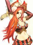  elbow_gloves eyepatch galleon_rider gloves graphite_(medium) hat highres long_hair navel_piercing piercing pirate red_hair seisen_cerberus signature solo t.matsui traditional_media watercolor_(medium) 