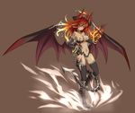  black_legwear breasts fire highres horns kazana_(sakuto) large_breasts long_hair looking_at_viewer multicolored_hair navel original red_eyes red_hair simple_background smile solo tail thighhighs wings 