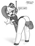  1girl ass bangs bent_over bottomless breasts call_(mighty_no._9) call_e cum cum_in_pussy cumdrip disembodied_penis doggystyle dress english garrison_cap greyscale hat headset hetero irregular_fetishes large_breasts mighty_no._9 monochrome multicolored_hair no_feet penis robot sex short_dress side_ponytail smile solo_focus speech_bubble testicles two-tone_hair vaginal 