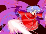  beam blue_eyes breasts cleavage danmaku magic_circle multiple_wings pixelated shinki side_ponytail silver_hair solo touhou touhou_(pc-98) wings 