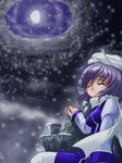  blush breasts closed_eyes cloud cloudy_sky cup dress gibbous_moon hand_rest hat juliet_sleeves knee_up lavender_hair layered_dress letty_whiterock long_sleeves medium_breasts moon night night_sky puffy_sleeves rock scarf short_hair sky smile snowing solo steam touhou touryuu_fuuki 