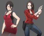  2girls ada_wong bangs black_hair black_legwear blue_eyes bob_cut breasts brown_eyes brown_hair butcha-u casual choker claire_redfield commentary_request cowboy_shot denim dress flat_chest gem grey_background gun hand_on_hip handgun high_collar highres holding holding_gun holding_weapon holster jacket jeans lips medium_breasts medium_hair multiple_girls pants pantyhose parted_bangs ponytail red_dress red_jacket resident_evil resident_evil_2 revolver short_dress short_hair shoulder_holster swept_bangs trigger_discipline weapon 