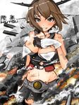  bare_shoulders blush breasts brown_hair burnt_clothes character_name gloves green_eyes grin headgear kantai_collection large_breasts looking_at_viewer midriff mistrail mutsu_(kantai_collection) navel short_hair skirt smile smoke solo thighhighs white_gloves 