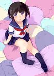  blush brown_hair gigokku looking_at_viewer open_mouth original pillow purple_eyes school_uniform serafuku short_hair sitting skirt solo 