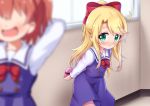  blonde_hair blue_eyes blush bow box eyebrows_visible_through_hair gift hair_bow hair_ornament hallway heart heart-shaped_box highres himesaka_noa holding holding_gift hoshino_hinata long_hair morokoshi_(tekku) multiple_girls open_mouth ponytail red_eyes school_uniform short_hair smile valentine watashi_ni_tenshi_ga_maiorita! window 