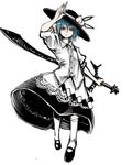  alternate_costume alternate_hair_length alternate_hairstyle alternate_weapon blue_hair commentary_request dress_shirt food fruit full_body hand_on_headwear hat hat_tip hinanawi_tenshi holding holding_sword holding_weapon huge_weapon i-la lace leaf mary_janes peach red_eyes reverse_grip shirt shoes short_hair simple_background sleeves_rolled_up socks solo sword touhou weapon white_background white_legwear white_shirt 