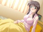  1girl bed binetsu_kyoushi_cherry breasts brown_hair hise_chirei large_breasts long_hair pajamas pillow yamane_masahiro zyx 