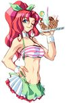  arikawa bandeau bare_shoulders blue_eyes bow breasts covered_nipples hair_bow hair_ribbon kojima_satomi large_breasts long_hair midriff one_eye_closed pink_hair ponytail red_hair ribbon simple_background skirt solo strapless tray tubetop waitress wrestle_angels wrestle_angels_survivor 