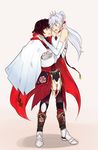  alternate_costume black_hair blue_eyes boots cape carrying cross dress jewelry long_hair multiple_girls pantyhose ponytail princess_carry red_hair ruby_rose rwby scar short_hair weiss_schnee white_hair 