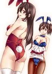  :d akagi_(kantai_collection) alternate_costume animal_ears arm arms ass back bad_id bad_pixiv_id bare_back bare_shoulders black_hair blood blue_leotard blush bow bowtie breast_hold breasts brown_eyes brown_hair brown_legwear bunny_ears bunny_girl bunny_tail bunnysuit cleavage collarbone detached_collar fake_animal_ears female_pervert hair_between_eyes holding japanese_clothes kaga_(kantai_collection) kantai_collection large_breasts legs leotard licking_lips lips long_hair looking_at_viewer looking_back looking_down multiple_girls naughty_face nosebleed open_mouth pantyhose pervert red_leotard roten_(rotenburo) short_hair side_ponytail sideboob simple_background smile standing tail thighhighs tongue tongue_out white_background white_legwear wrist_cuffs yuri zipper 