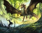  alectorfencer ambiguous_gender detailed detailed_background dragon duo fangs feral flying forest horn open_mouth stag tree 
