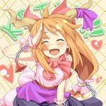  :d ^_^ ahoge blush brown_hair chain closed_eyes dorowa_no_hito hand_over_face happy highres horn_ribbon horns ibuki_suika long_hair open_mouth ribbon smile solo touhou very_long_hair 