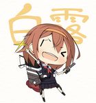  amakara_surume black_serafuku brown_hair character_name chibi hairband kantai_collection neckerchief one_eye_closed orange_hairband red_neckwear school_uniform serafuku shiratsuyu_(kantai_collection) short_hair solo 