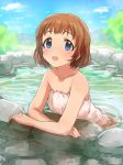  1girl :o blue_eyes blue_sky blush brown_hair character_request collarbone dani-ikapi day idolmaster idolmaster_million_live! looking_at_viewer naked_towel onsen outdoors partially_submerged short_hair sky solo towel 