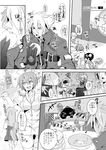  3girls animal_ears baozi blazblue bowl chinese_clothes comic cosplay dishes eating food fox_ears fox_tail greyscale monochrome multiple_girls nurse ragna_the_bloodedge sample tail taokaka uzukinoko 