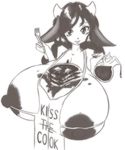  big_breasts bovine breasts clothed clothing english_text erect_nipples female food fork horn huge_breasts kokido looking_at_viewer mammal monochrome nipples pancake skimpy smile syrup text 