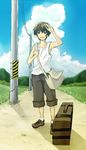  bag brown_hair cloud day full_body higurashi_no_naku_koro_ni hot maebara_keiichi male_focus nuancho outdoors power_lines shoes shorts sky sneakers socks solo standing suitcase telephone_pole 