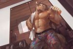 2017 5_fingers abs anthro biceps big_muscles biped bottle braided_hair brown_fur brown_hair brown_nipples brown_tail clothed clothing detailed_background digital_media_(artwork) equine fiver_agrante front_view fur gym hair hi_res holding_bottle holding_object holding_towel horse humanoid_hands inside looking_at_viewer male mammal muscular muscular_male nipples pecs signature solo standing topless towel whiteleonard 