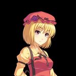  aki_minoriko athrun1120 bad_id bad_pixiv_id black_background blonde_hair food fruit grapes hat red_eyes short_hair simple_background smile solo touhou 