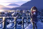  bag bangs blue_eyes bridge brown_hair coat forest house long_hair mittens mountain nature original outdoors pantyhose scarf school_uniform skirt snow solo town tree winter_clothes yasuno_(airy_light) 