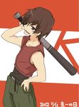  2012 baseball_bat brown_hair grin hand_on_hip higurashi_no_naku_koro_ni looking_at_viewer maebara_keiichi male_focus nuancho purple_eyes shorts smile solo 