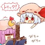  2girls =_= batta_(ijigen_debris) blue_hair book chibi crescent fang food hat hat_ribbon long_hair multiple_girls nattou open_mouth patchouli_knowledge pouring prank purple_hair reading red_eyes remilia_scarlet ribbon short_hair simple_background surprised touhou translated white_background 