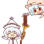  ^_^ ^o^ batta_(ijigen_debris) blue_hair buck_teeth chibi closed_eyes fang food hat holding instrument merlin_prismriver multiple_girls nattou open_mouth pouring prank red_eyes remilia_scarlet short_hair simple_background smile touhou trumpet white_background white_hair 